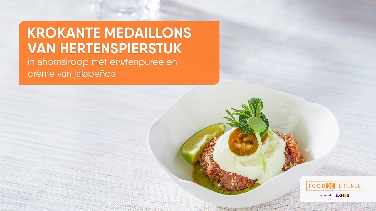 Krokante medaillons van hertenspierstuk in ahornsiroop met erwtenpuree en cr&egrave;me van jalape&ntilde;os