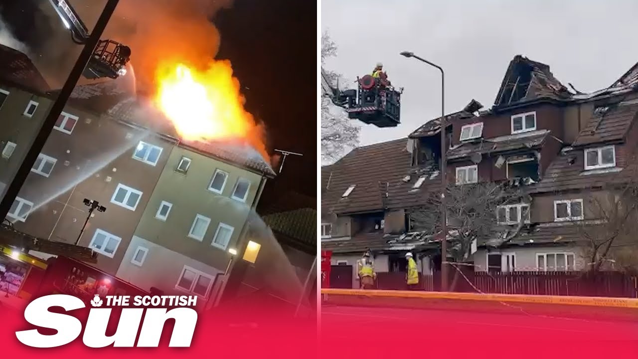 Fire crews battle Livingston block of flats blaze through the night. Extensive damage seen next day