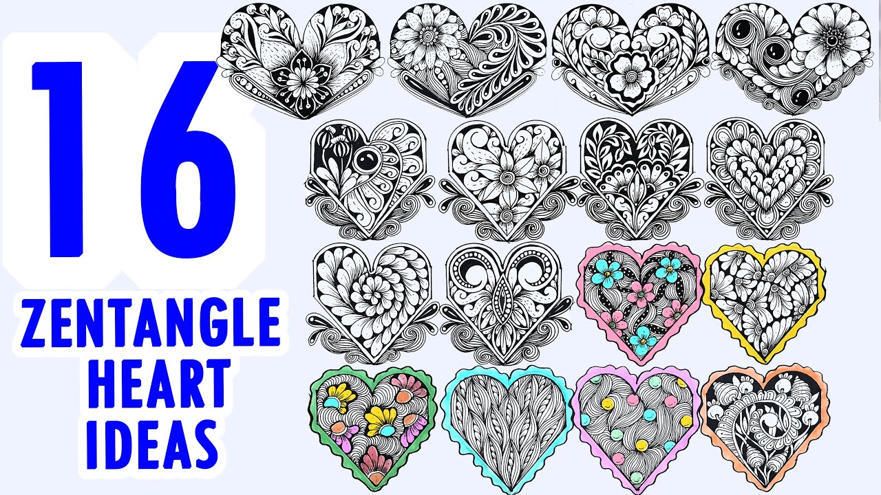 Zentangle Heart Collection | 16 Zentangle Hearts | Zentangle Heart Ideas For Beginners