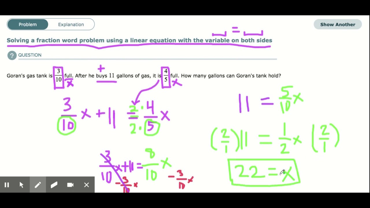 ALEKS - Solving a fraction word problem using a linear equation with the variable on both sides