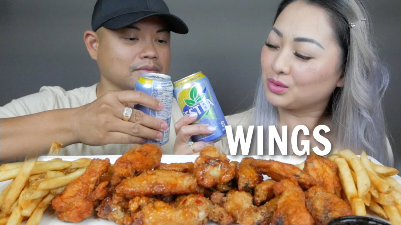 WINGS *Sweet Thai & Chilean Chili and Fries ASMR No taking Mukbang Eating Sounds| N.E Let's Eat