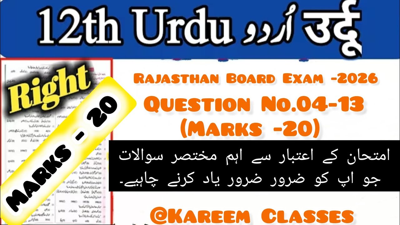 Class 12th Urdu Short Questions Answers ll مختصر سوالات ll Rajasthan Board Exam - 2026