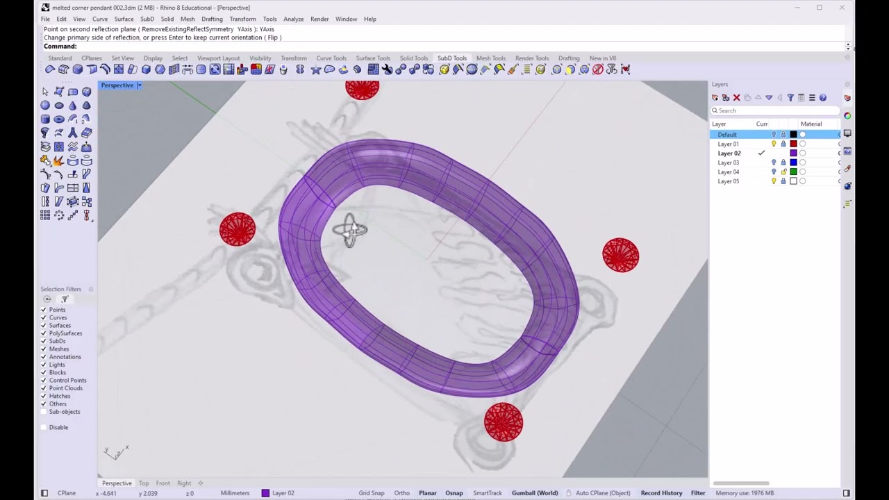 Rhino 3D CAD SubD (subdivision) modelling demo - cushion cut diamond pendant with wavy filigree.