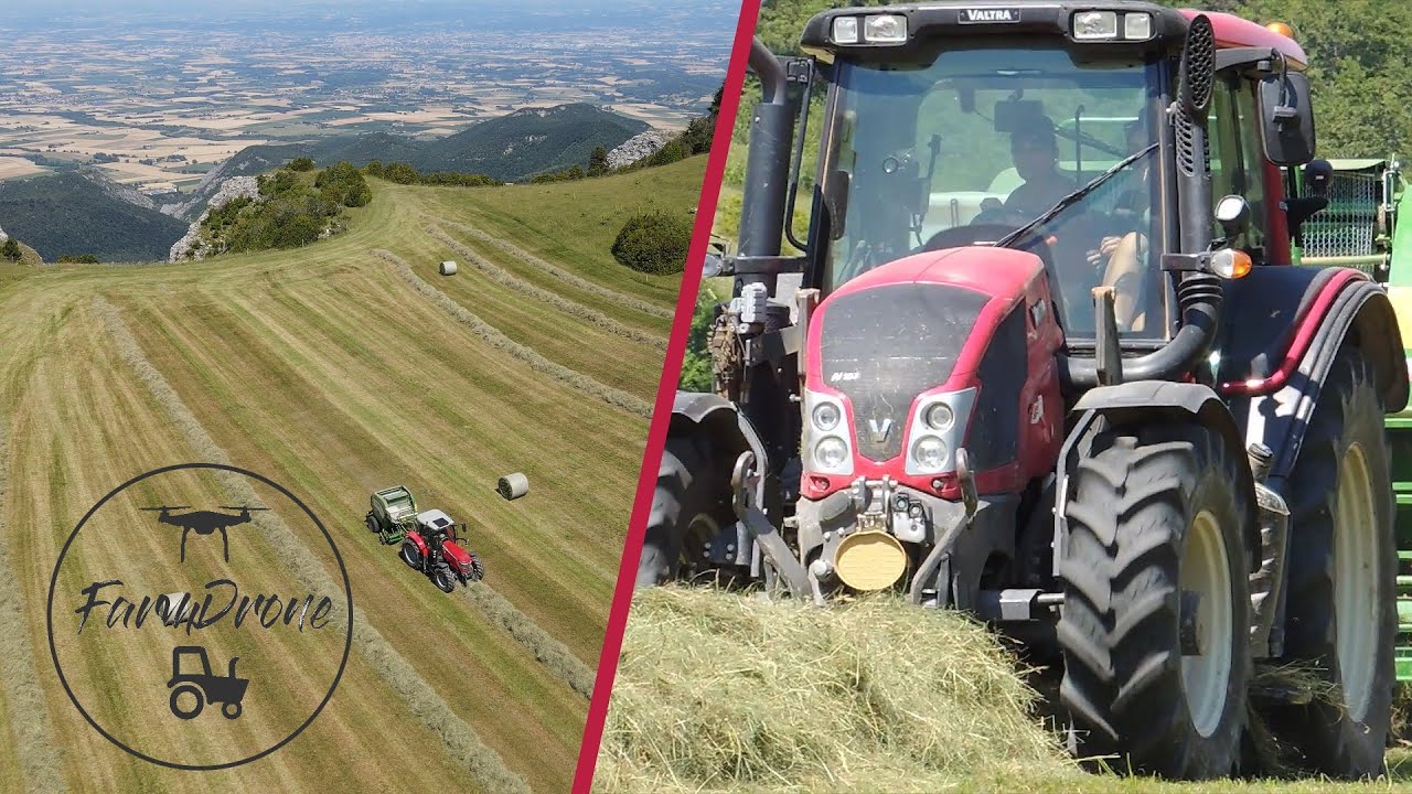 Foin 2020 [DRONE] Valtra N103 / MF 6714 S / Presse McHale F5500 et Andaineur Krone Swadro 710.