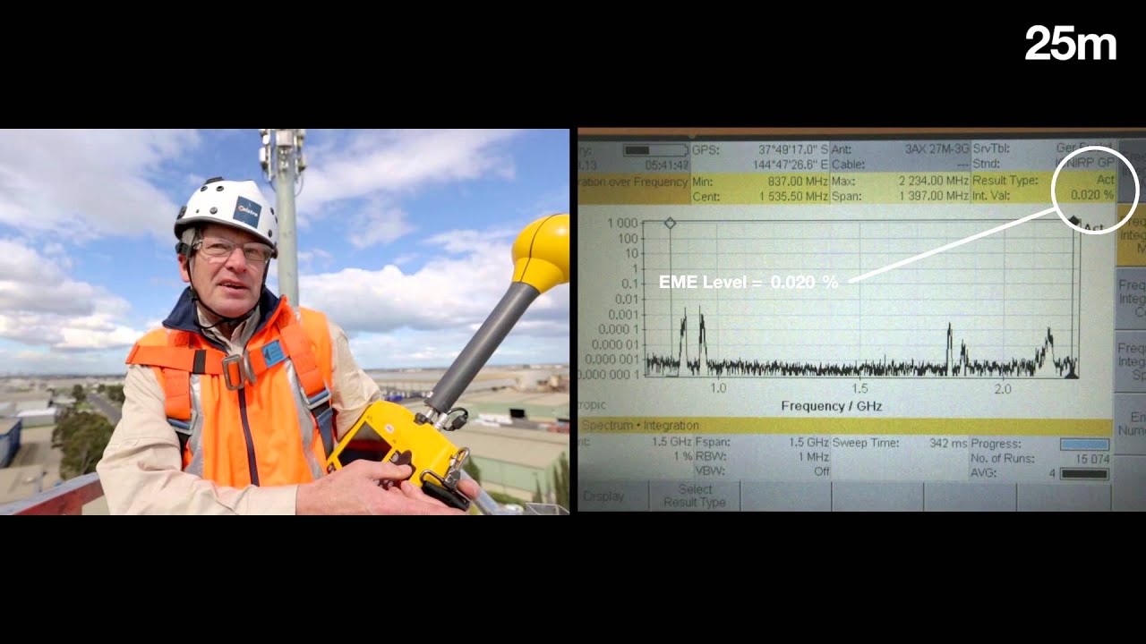 EME Levels on a mobile phone tower - live readings from 35m to ground level