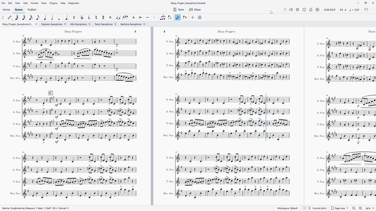 Dizzy Fingers (Zez Confrey).  Sheet music arranged for saxophone quartet.