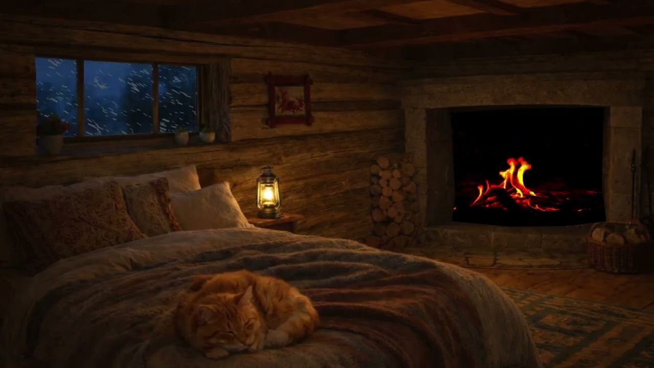 Blizzard Night in a Warm Cabin ❄️ Fireplace Crackling & Sleeping Cat | Study Sleep Ambience 