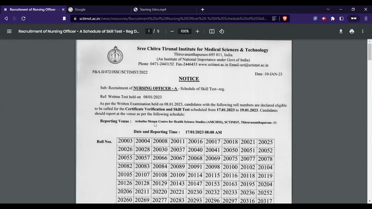 SCTIMST Staff Nurse Result 2023 (Out) - SCTIMST Staff Nursing Officer 2023 Result