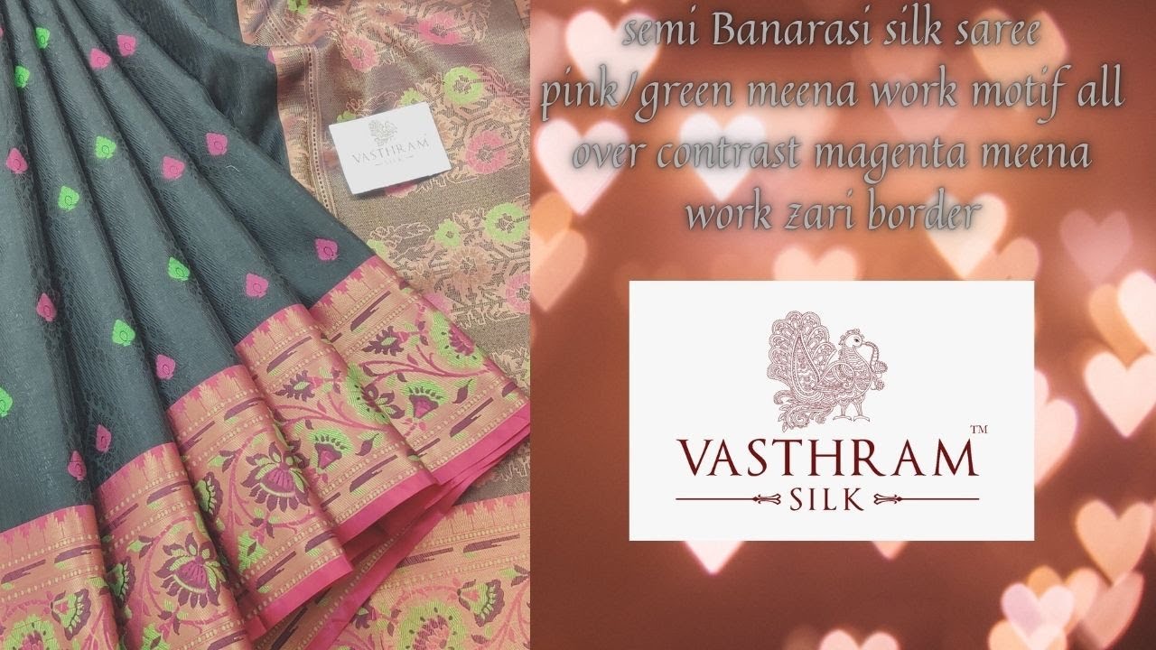 Black colour semi Banarasi silk saree pink/green meena work motif all over