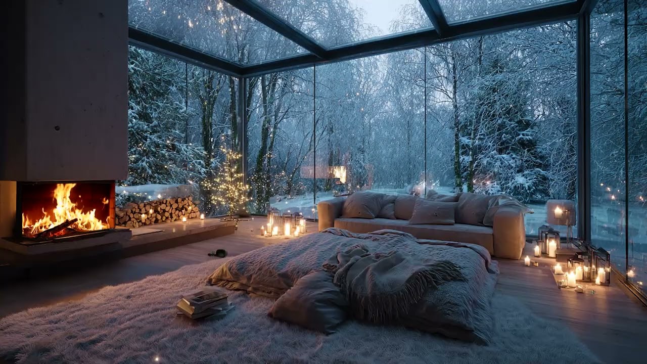 Peaceful Snow Wind Ambience and Fireplace Sounds for Relaxing Rest and Calm Sleep