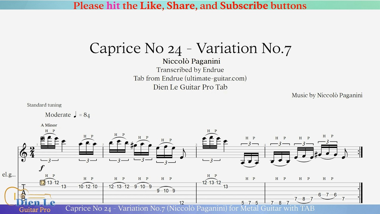Caprice No 24 - Variation No.7 (Niccolò Paganini) for Metal Guitar with TAB