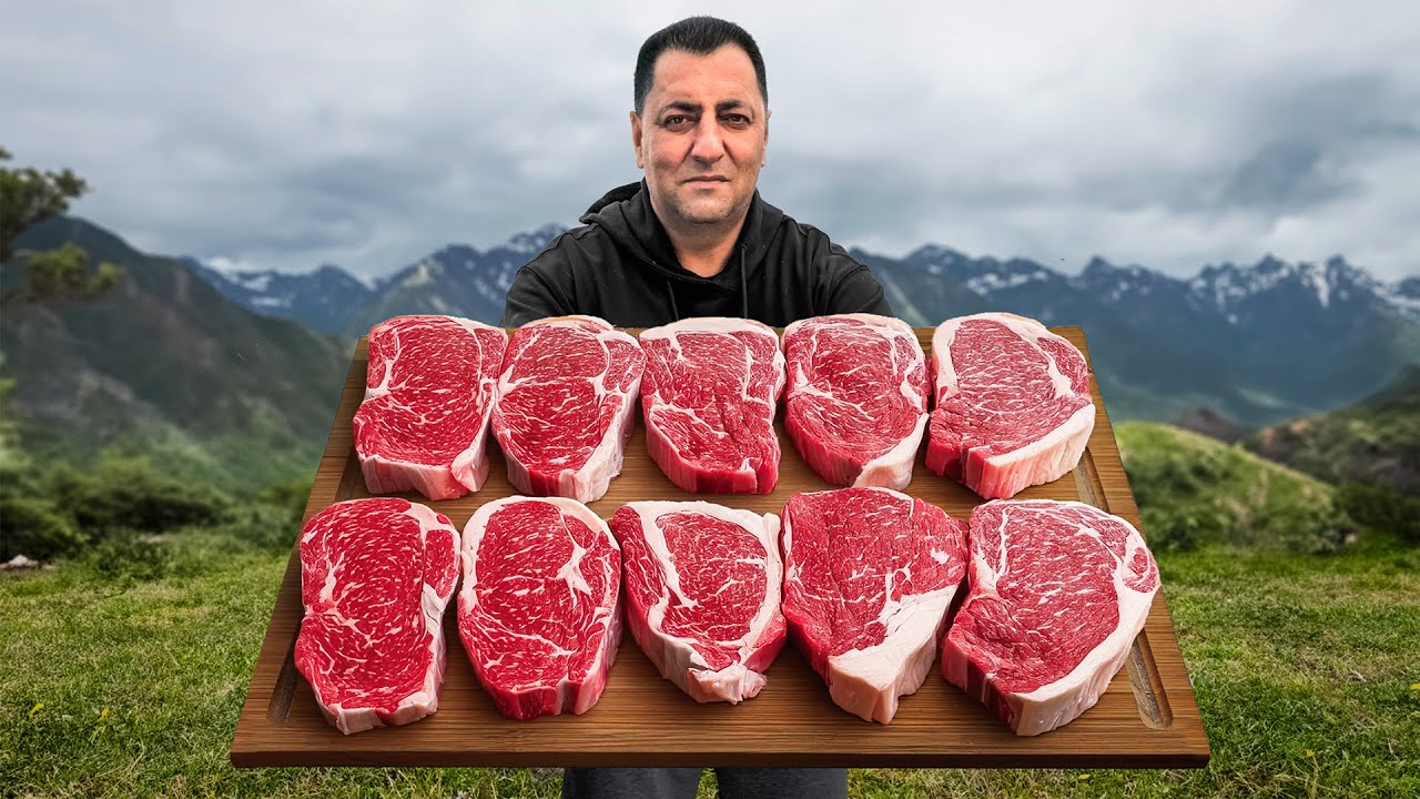 Friptură Wagyu pe un Bloc de Sare Fierbinte în Munți