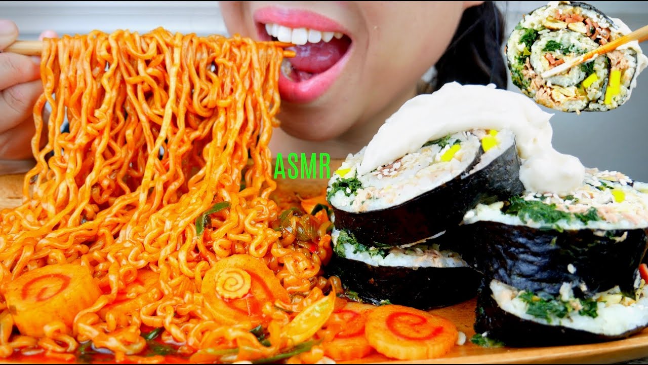 ASMR GIANT Korean Tuna Sushi with MAYO ♥ Spicy Ramen Noodles ♥︎ Recipe 먹방 No Talking suellASMR