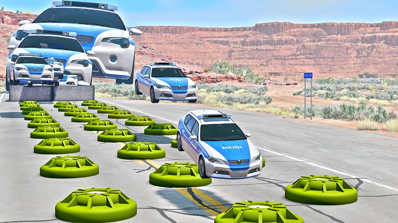 Super Giant Police Car vs Numerous Land Mines - BeamNG.Drive