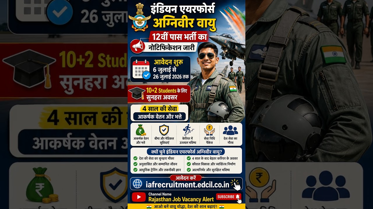 इंडियन एयरफोर्स अग्निवीर वायु 12वीं पास भर्ती का नोटिफिकेशन जारी, आवेदन 6 जुलाई से 26 जुलाई 2026 तक👇