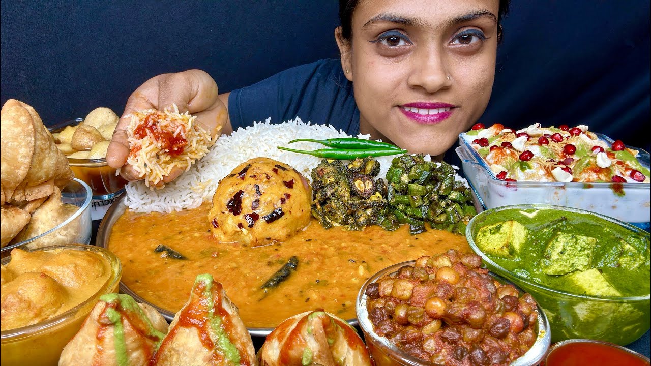 Dal Chawal Aloo Bhorta Karela Fry Bhindi Fry Kadi Pakoda Chole Samosa Palak Paneer Dahi Vada Eating 