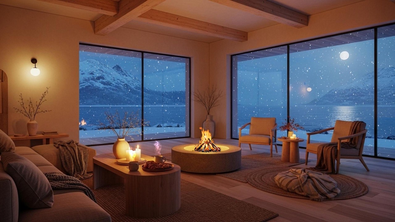 Calm Winter Cabin Ambience at Night ❄️ | Japandi Cozy Interior • Snowfall • 4K Relaxation