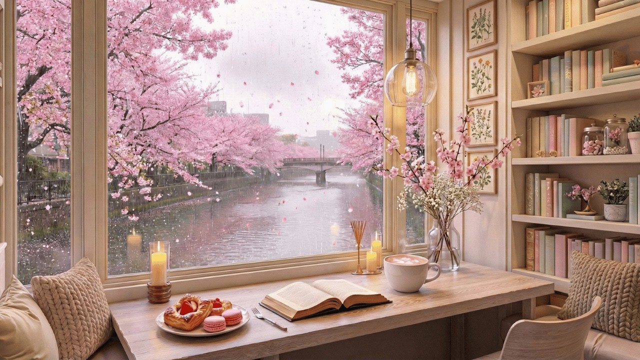 🌸 Cozy Rainy Spring Jazz - Soothing Coffee Shop Piano Ambience for Relaxing, Work