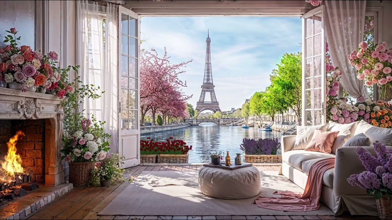 Springtime in Paris | Cottage Ambience | Birdsong, Water Sounds, and Crackling Fireplace