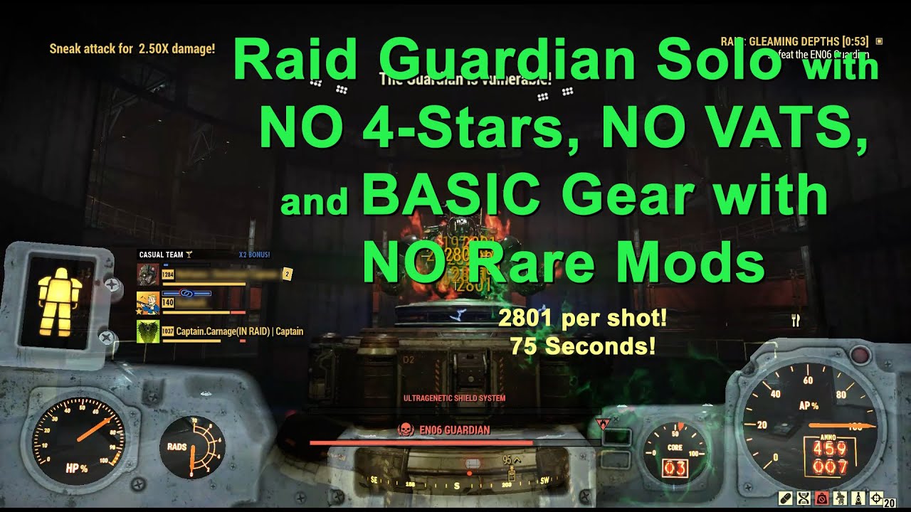 Fallout 76:  Raid EN06 Guardian Solo in 75 Seconds Using Only Basic Armor and Weapons -No 4 Stars!