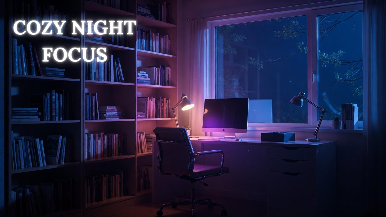 Cozy Night Study Room 🌌 Soft Wind Sounds for Focus & Deep Work (Blue & Purple Ambience)