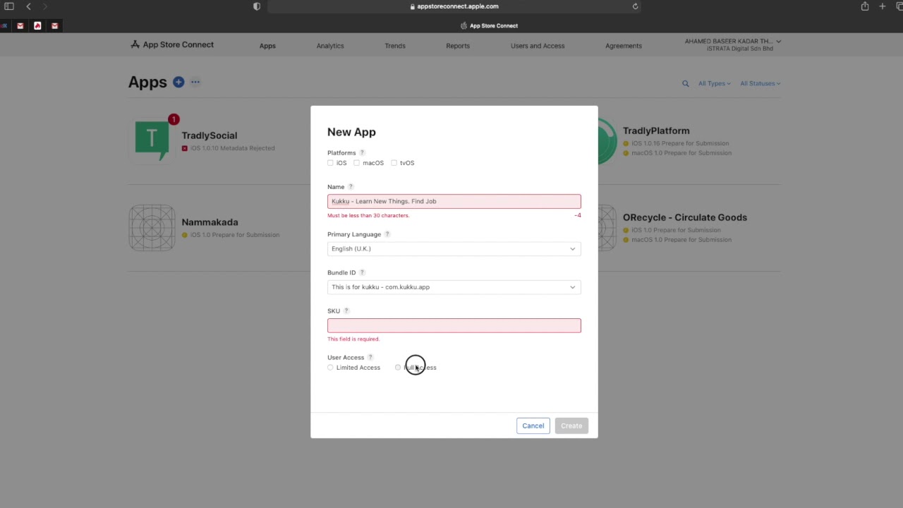 Creating a new app in Appstore Developer Account
