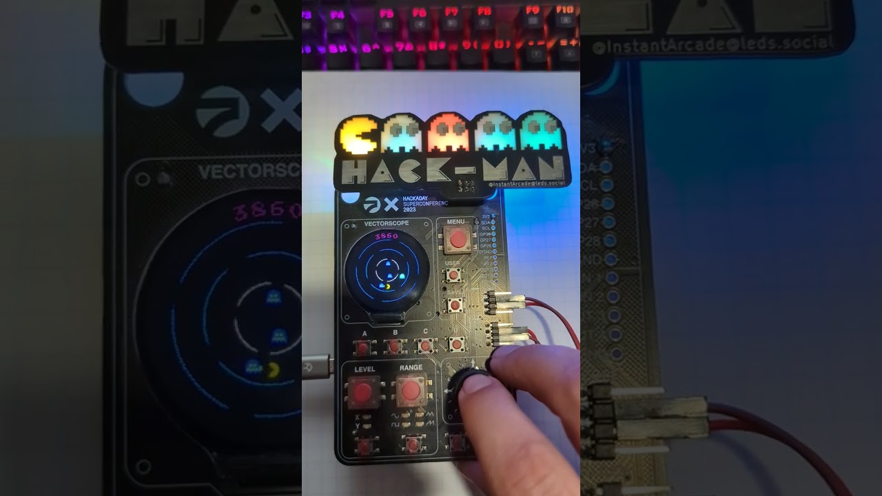 Hack-Man badge SAO and Polar Pac-Man on the Vectorscope