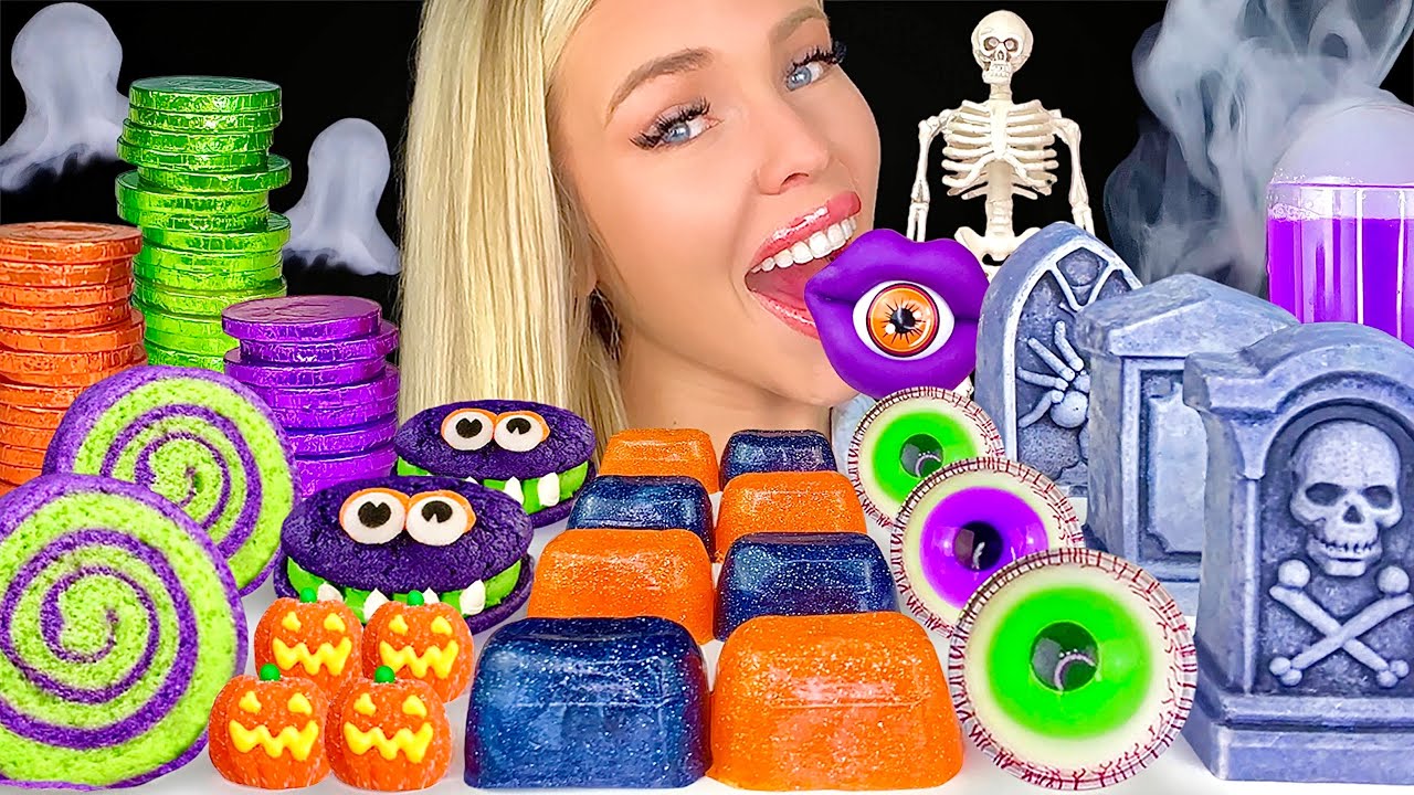 ASMR HALLOWEEN DESSERT MUKBANG, FRANKENSTEIN CANDY, EDIBLE MONEY, HALLOWEEN TOMBSTONE, JELLY 먹방