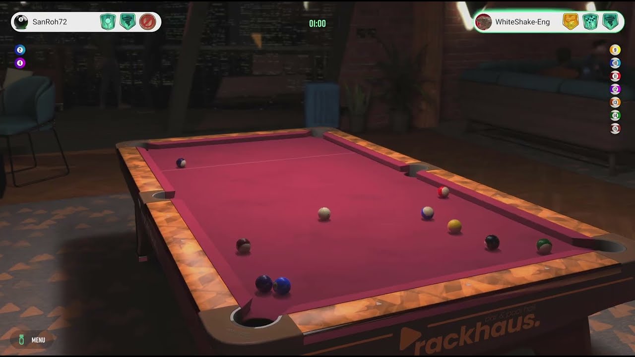 Pure Pool Pro, US 8-Ball NO AIM GUIDES against WhiteShake-Eng, good games.
