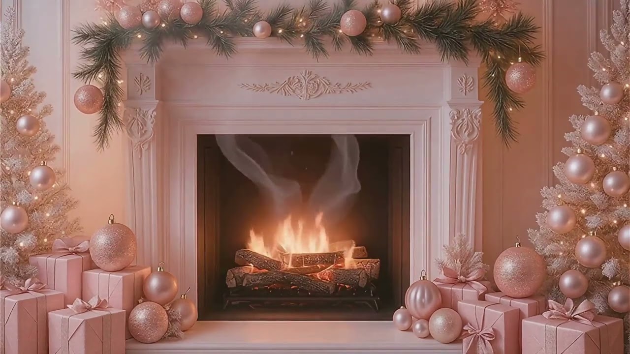 Cozy Pink Coquette Christmas Fireplace 🎀 Relaxing Crackling Fire Sounds | Aesthetic Holiday Ambience