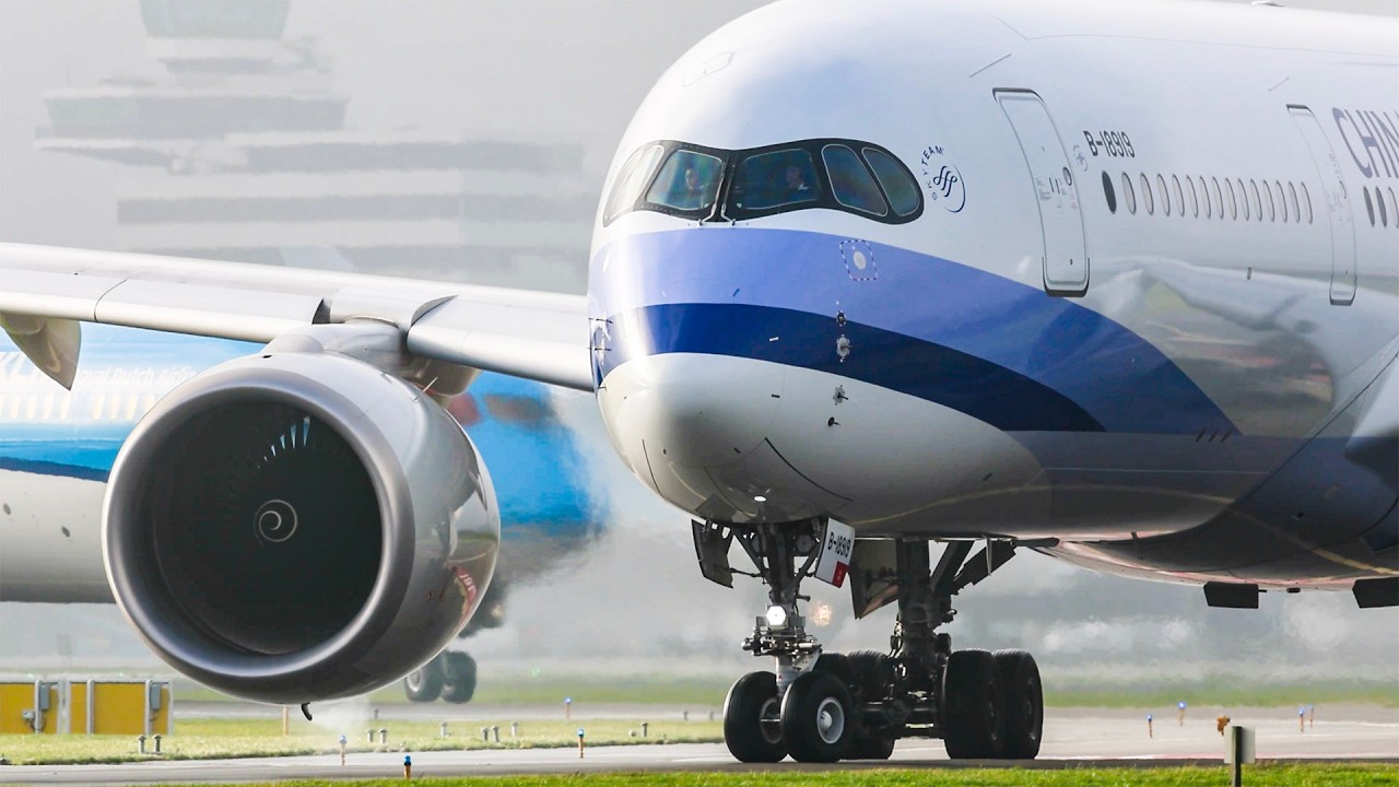China Airlines A350-900 Line-up & Take-Off at Schiphol Amsterdam Airport Runway 18L