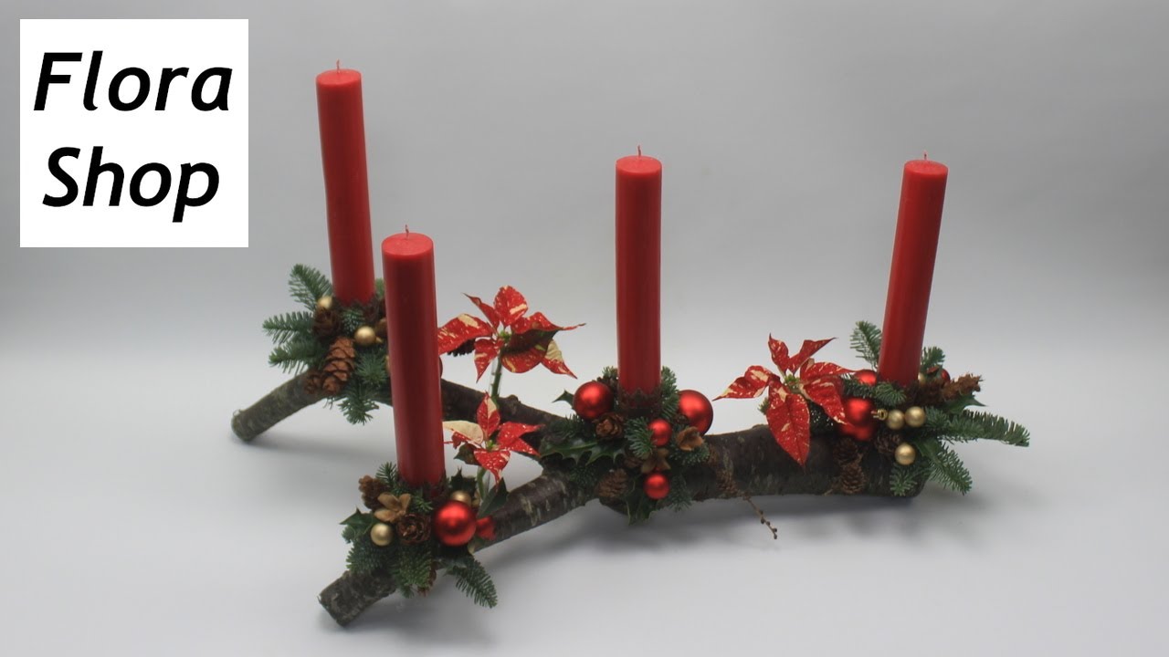 Adventsgesteck selber machen ❁ schöne Weihnachtsdeko auf einem Ast mit vier Kerzen ❁ Flora-Shop