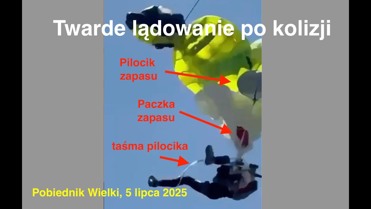 Pobiednik Wielki 05.07.2025 Twarde lądowanie na splątanych spadochronach po kolizji na podejściu.