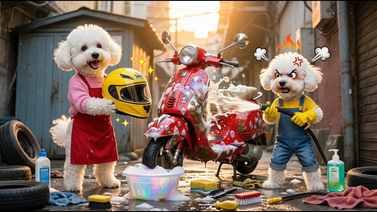 Baby Puppy's Wanted to Quit Washing the Car🚲💦But Mom Dog Said Something Surprising!