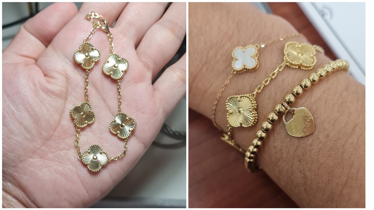 Van Cleef and Arpels Inspired  Vintage Alhambra  5 Motifs Guilloche in Yellow Gold Bracelet