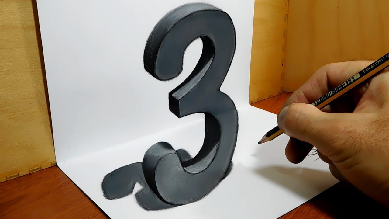 How to Draw 3D Trick Art 3D Drawing   Number 3