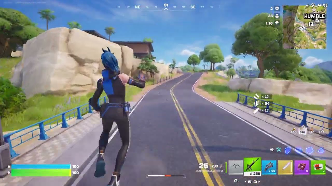 Fortnite Battle Royale at Ripped Tides, Humble Hills, and Battlewood Boulevard with 2 elims 