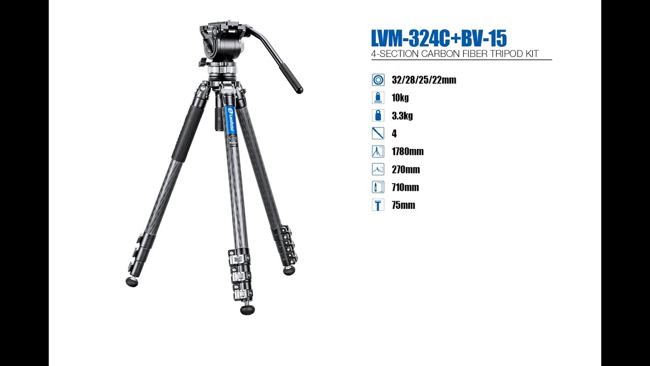 Leofoto LVM-324C+BV-15 4-Section Carbon Fiber Video Tripod with Fluid Head Set