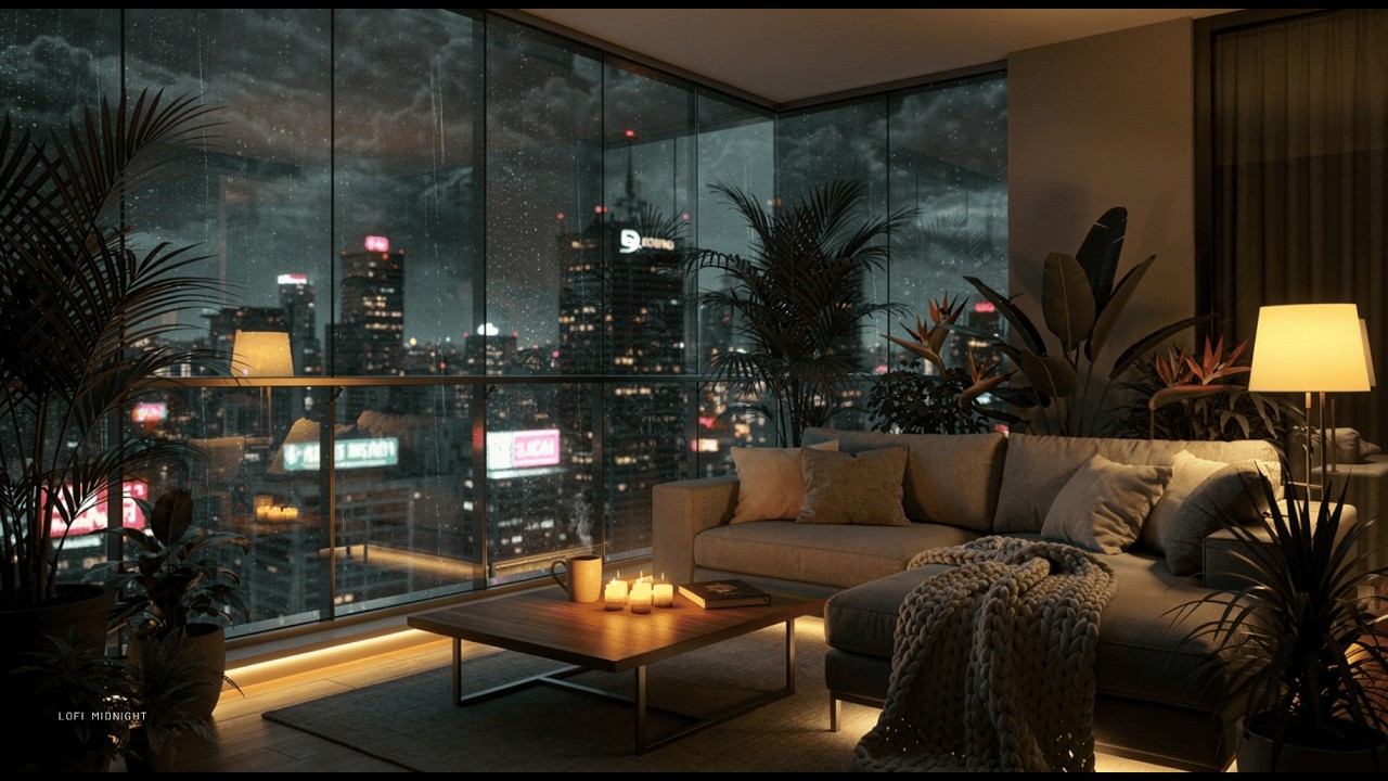 Rainy Midnight Lofi ☔ Cozy Balcony Night with City Rain Sounds | Study, Sleep & Relax