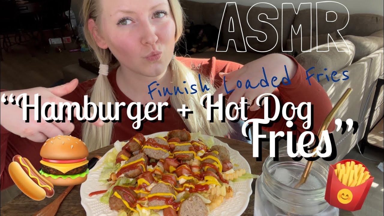“Hamburger + Hot Dog Fries” (Finnish Loaded Fries) 🍔🌭🍟 ~ ASMR MUKBANG Relaxing Eating Sounds