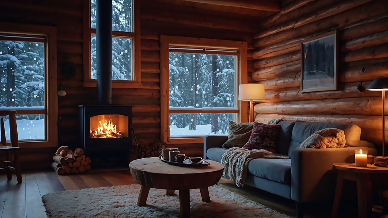 Cozy Snow Cabin at Night | Fireplace Crackling & Soft Piano Ambience