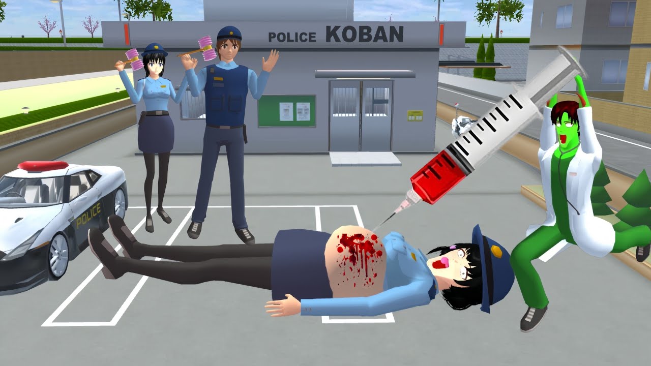 Police giant Rina is attacked by zombies at the police station - sakura school 