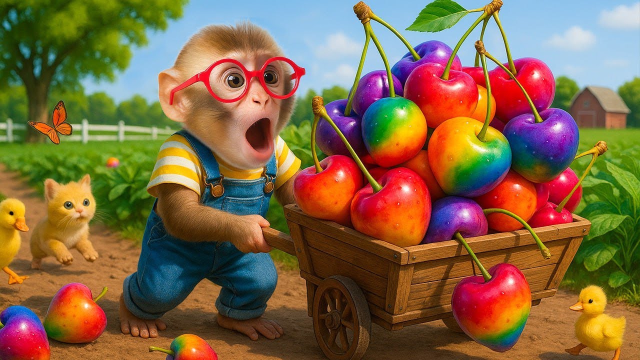 Mono Cherry se sorprende ante el carro lleno de cerezas gigantes y multicolores que su madre recogió