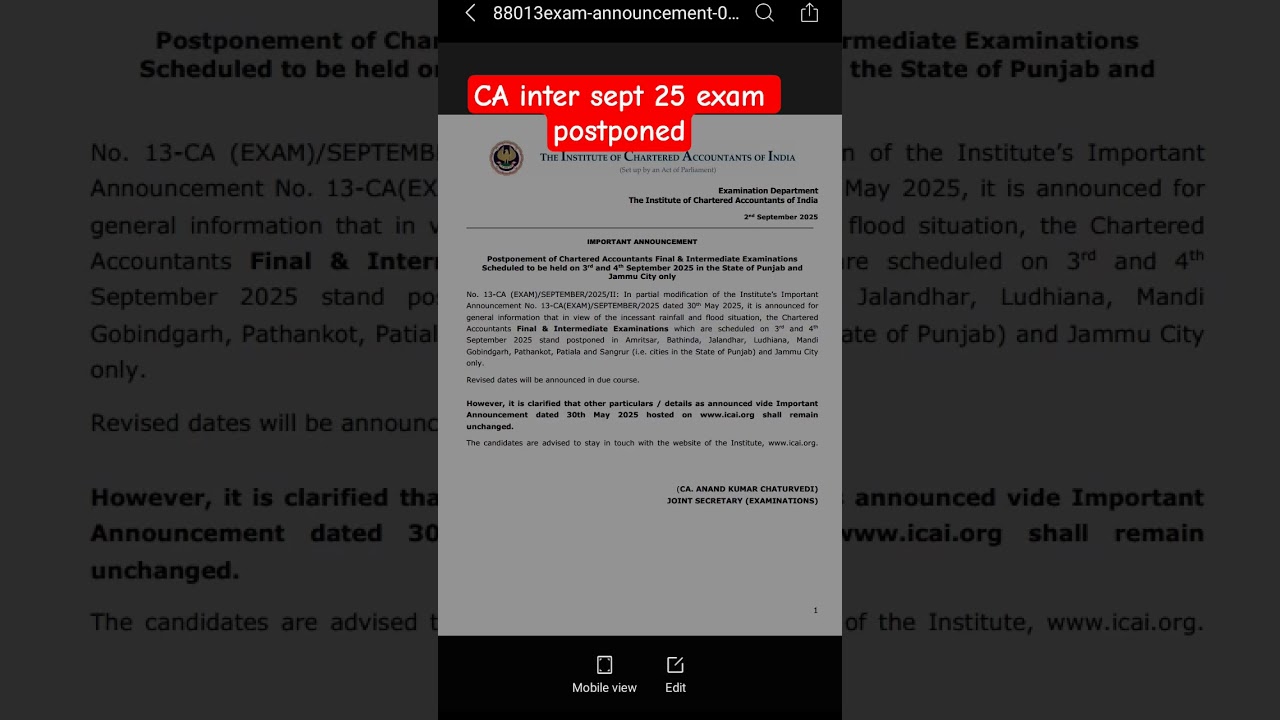 🔊CA Inter Sept 25 Exam Postponed 🔉 