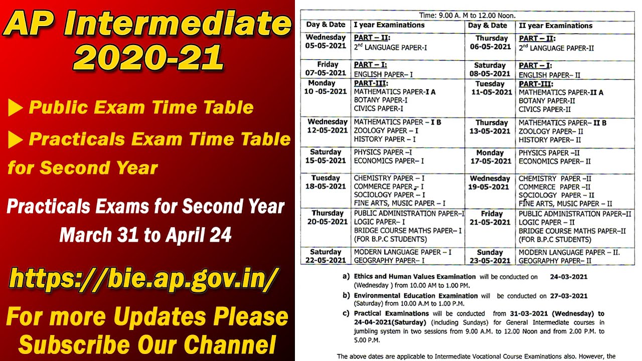 Andhra Pradesh 2020-21 Intermediate Public Exam Time Table | BIEAP 2020