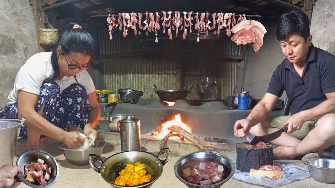 Nepali Food/Cooking Pork Meat & Rayo Saag With Rice in Nepali Village Style/Nepali Village Life