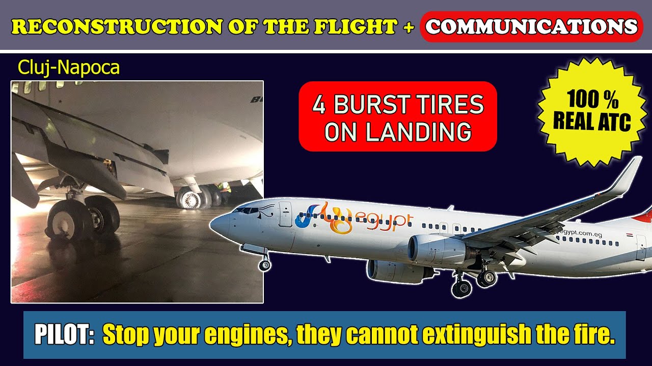 4 burst tires on landing | FlyEgypt Boeing 737-700 | Cluj-Napoca, ATC