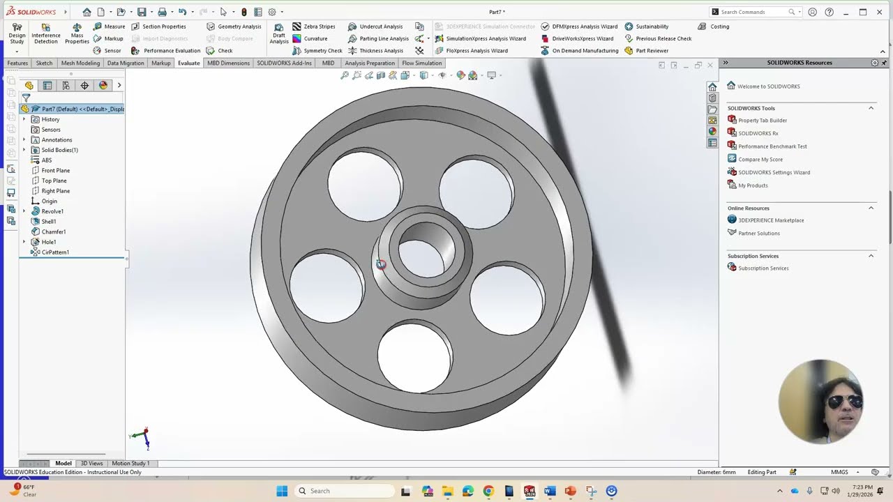 Making complex part (toy car wheel) with revolve boss, shell and circular pattern in SOLIDWORKS,