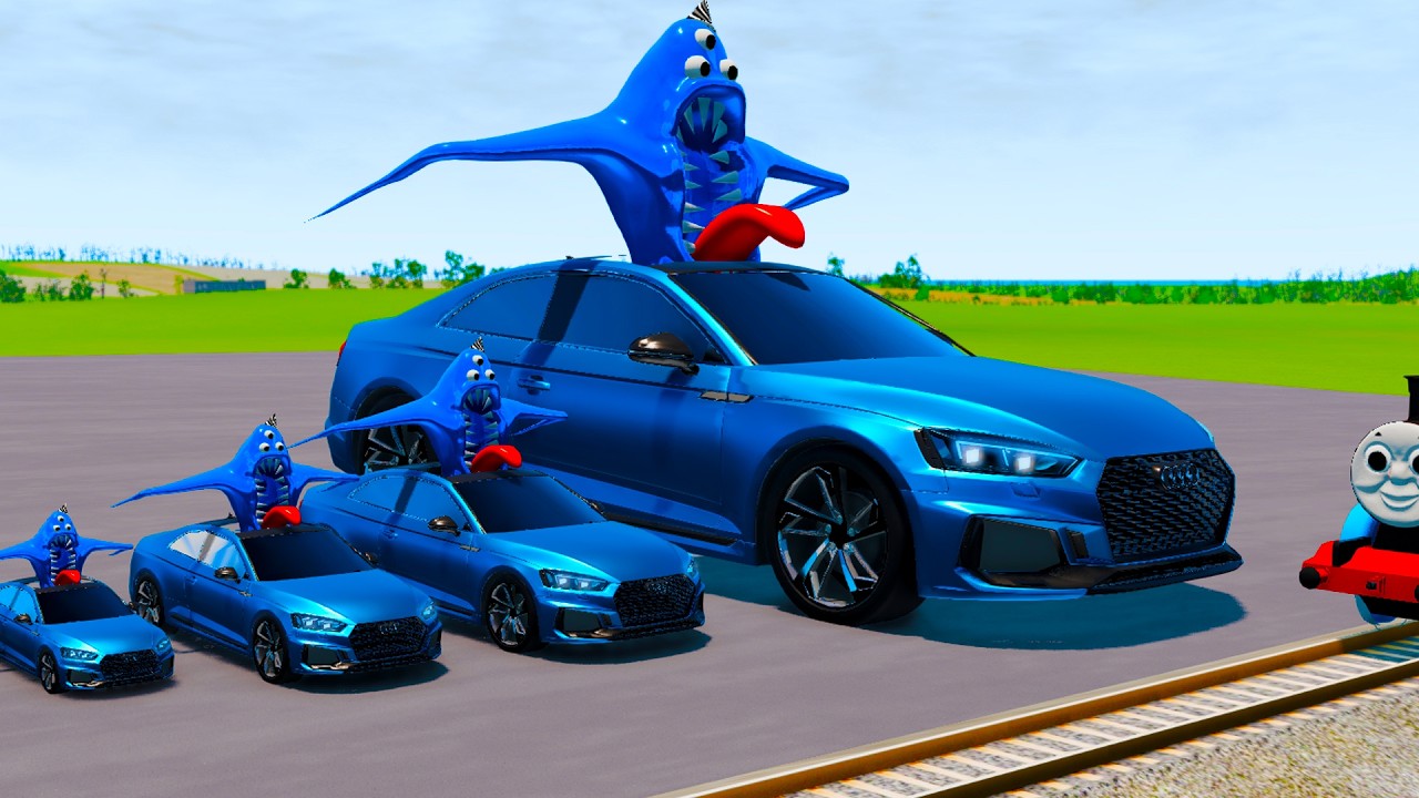Big & Small Blue Monster Cars With Monster Wheels VS Train | BeamNG.drive