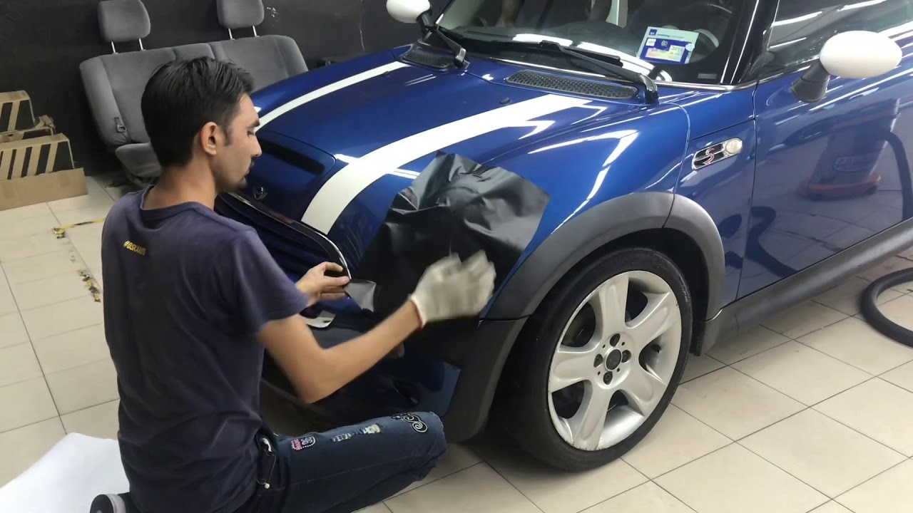 Mini Cooper S (R53) front chrome matte wrap & headlights restore